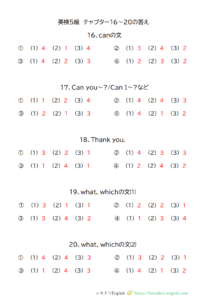 英検５級対策プリント・答え・チャプター１６～２０